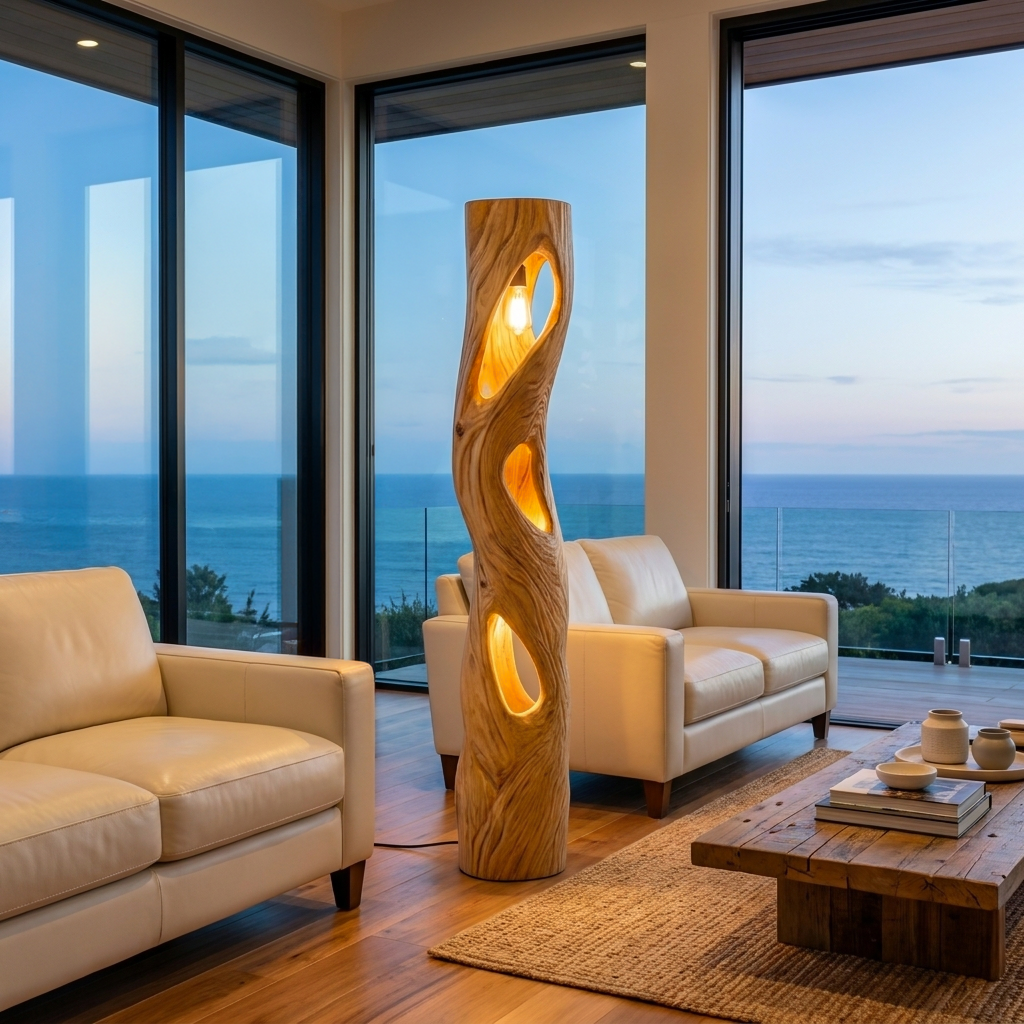 Rustic Sculptural Wooden Floor Lamp For Home Decor