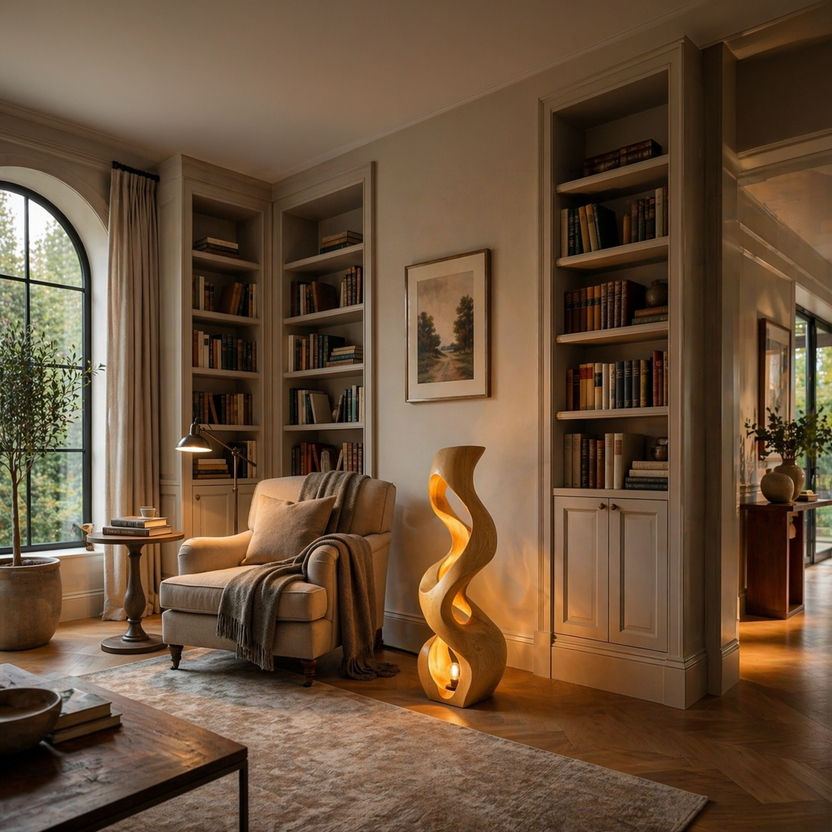 Artistic Wooden Floor Lamp With Flowing Form For Bedroom
