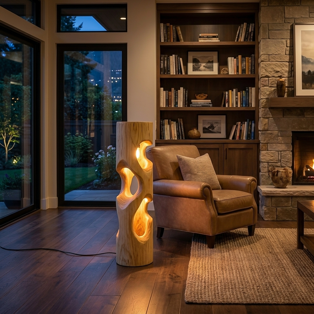 Rustic Wooden Floor Lamp With Sculptural Hollow For Cozy Bedroom