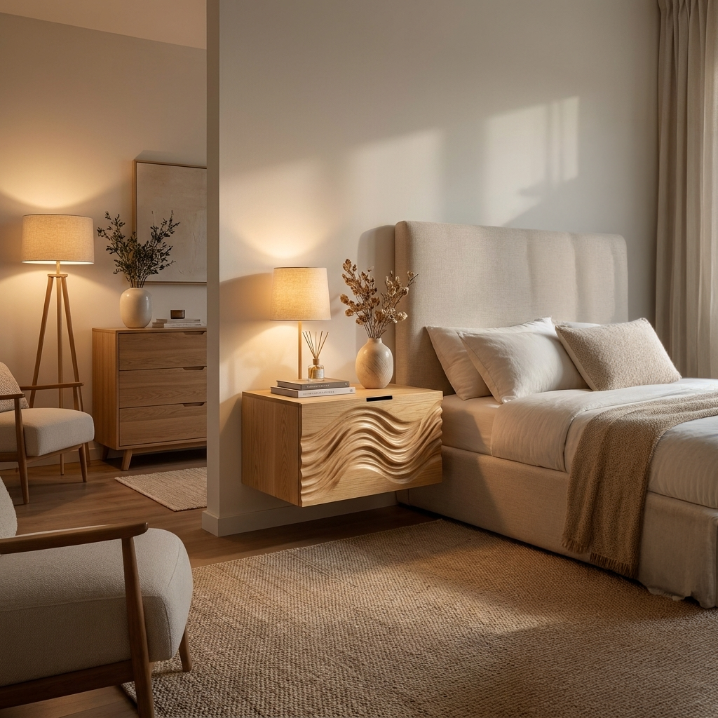 Modern Wooden Floating Nightstand With Wave Carved Front For Bedroom
