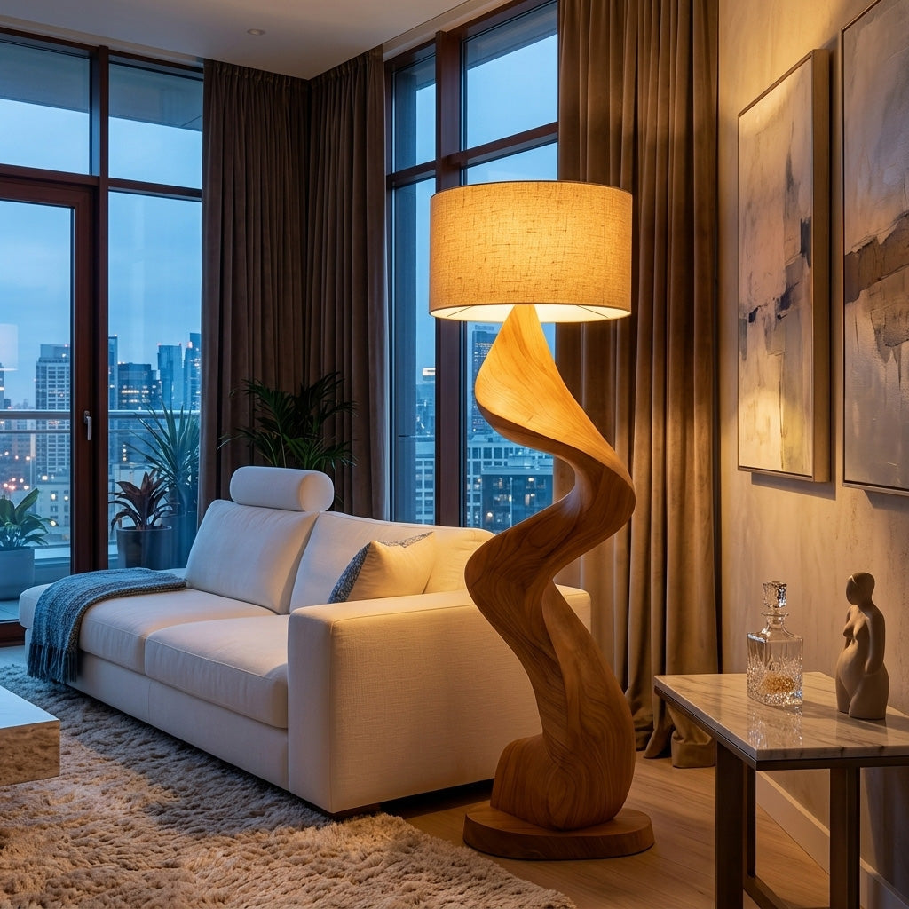 Modern Natural Wood Sculptural Floor Lamp For Living Room Decor