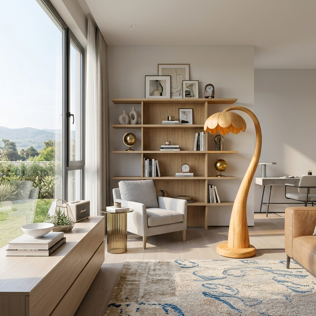 Wooden Floor Lamp With Flower-shaped Lampshade For Bedroom