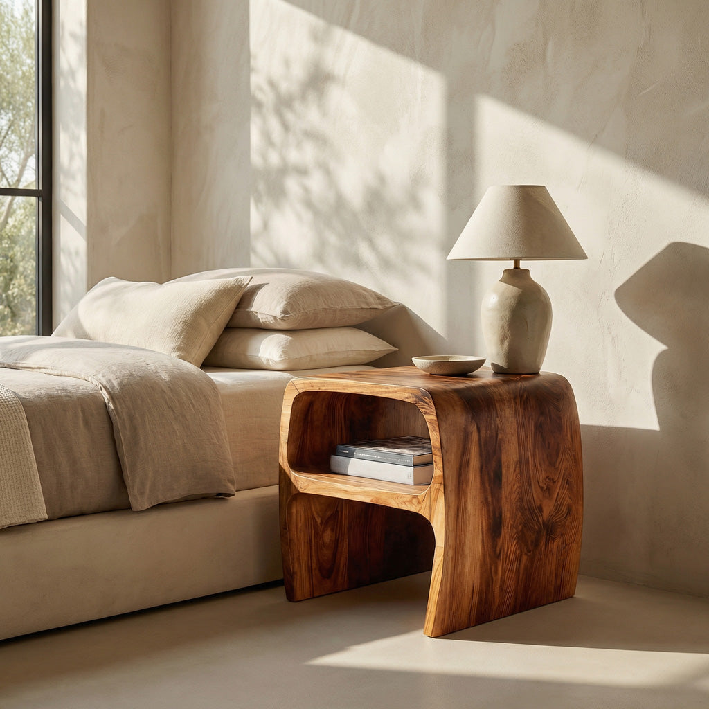 Modern Sculptural Nightstand With Open Storage For Bedroom