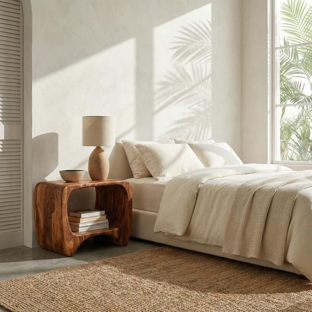 Modern Organic Wood Nightstand With Shelf For Bedroom