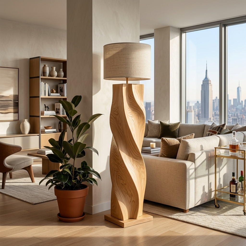 Organic Wooden Floor Lamp Twisted Design For Bedroom