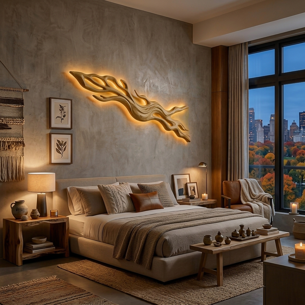Rustic Wood LED Wall Sculpture With Undulating Shape For Bedroom Decor