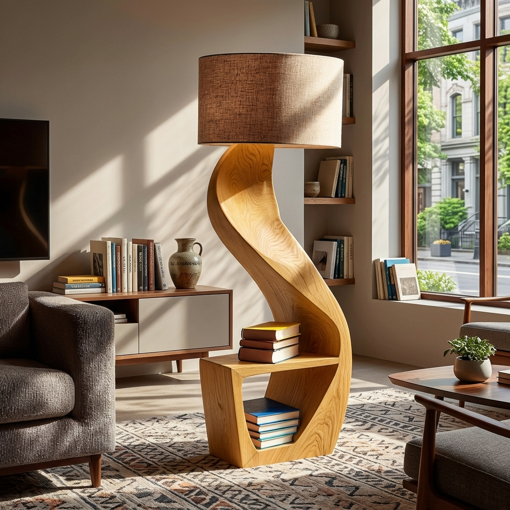 Organic Wood Floor Lamp With Storage Shelf For Bedroom