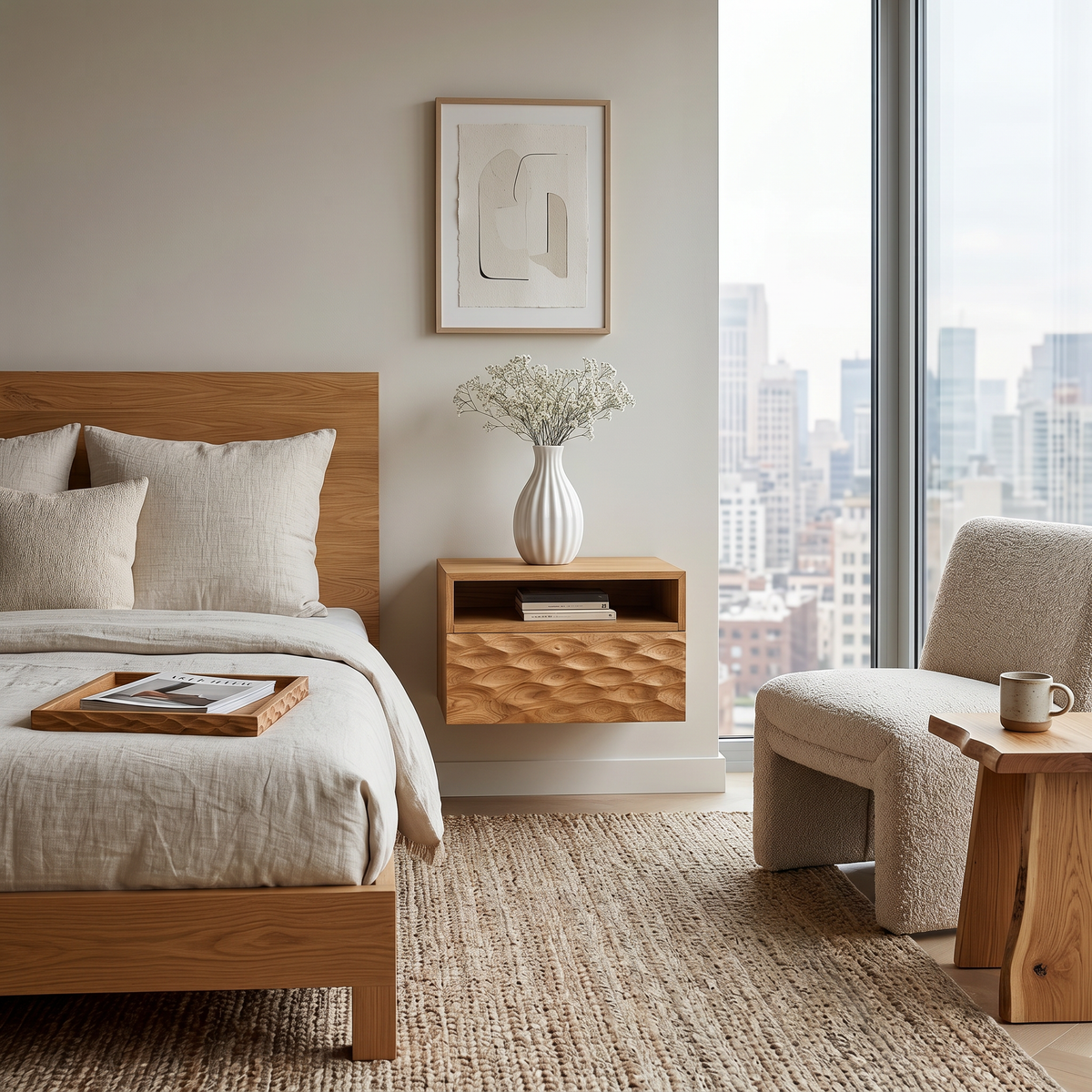 Modern Wooden Wall Mounted Nightstand With Open Shelf For Bedroom