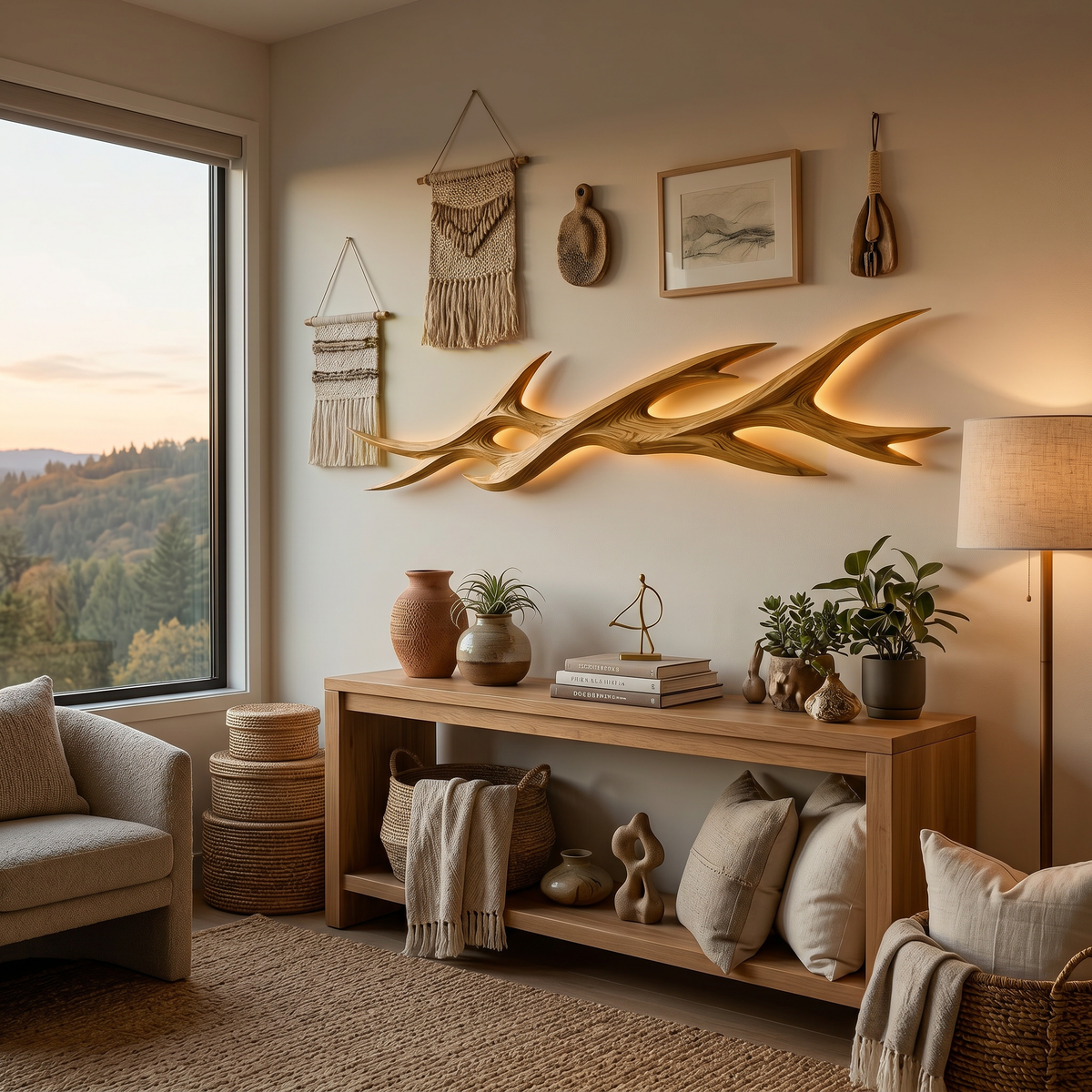 Rustic Wooden LED Wall Sculpture With Branch Form For Bedroom