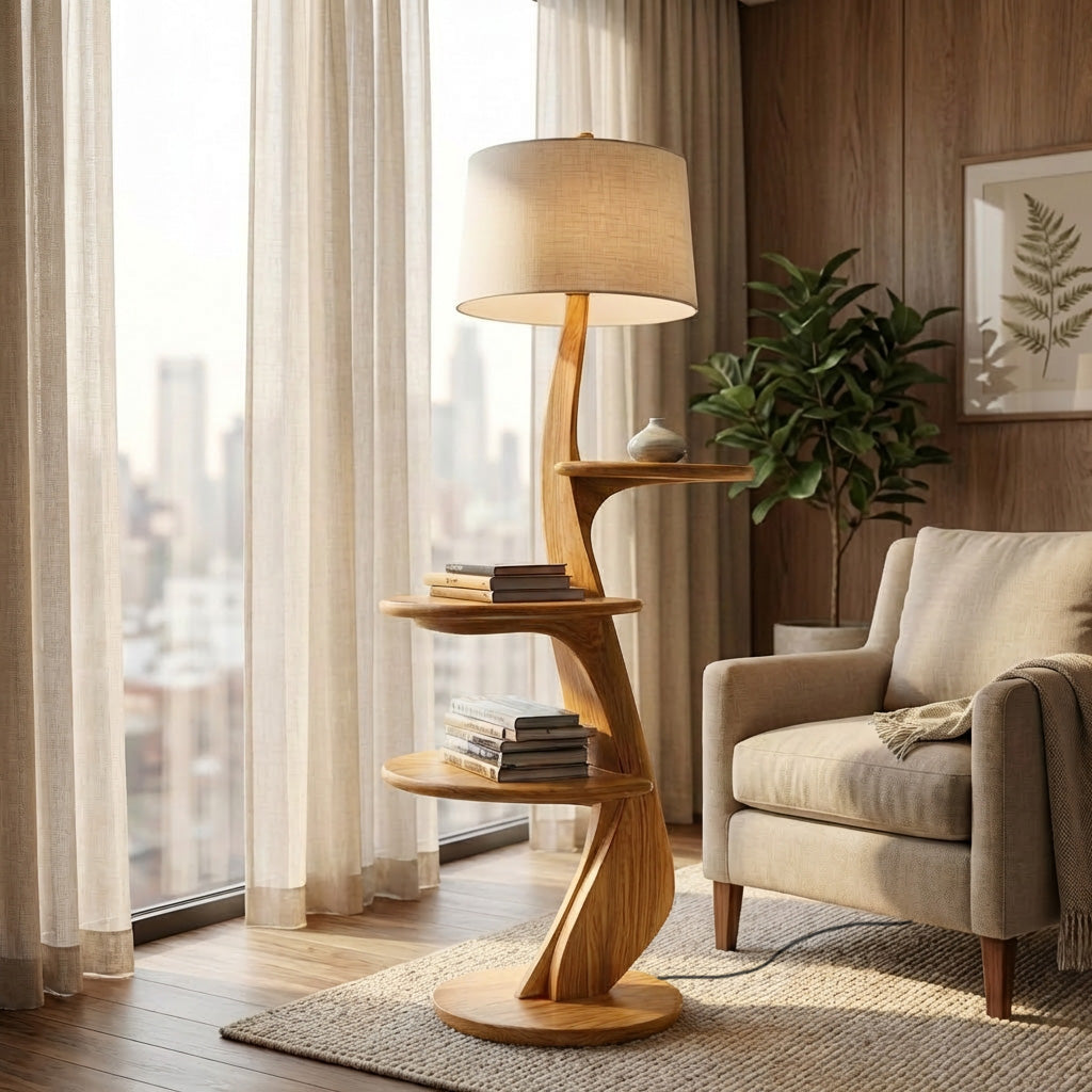 Contemporary Wooden Floor Lamp With Shelf For Living Room