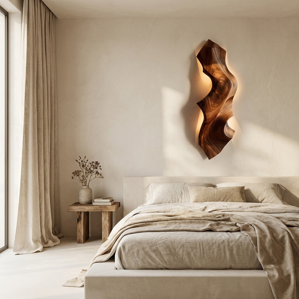Contemporary Sculptural Wood Wall Light For Bedroom Decor