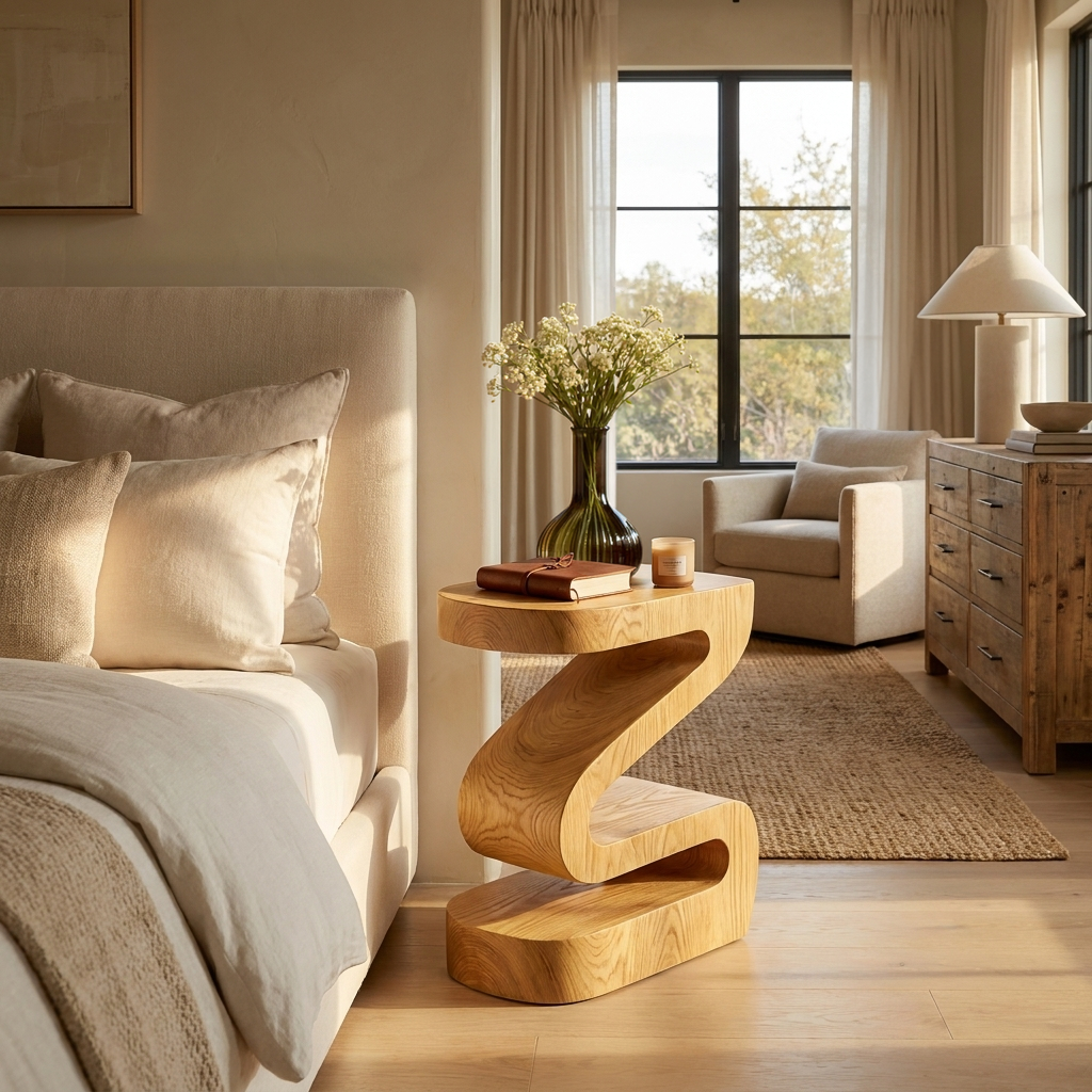 Elegant Natural Wood Nightstand With Curved Form For Bedroom