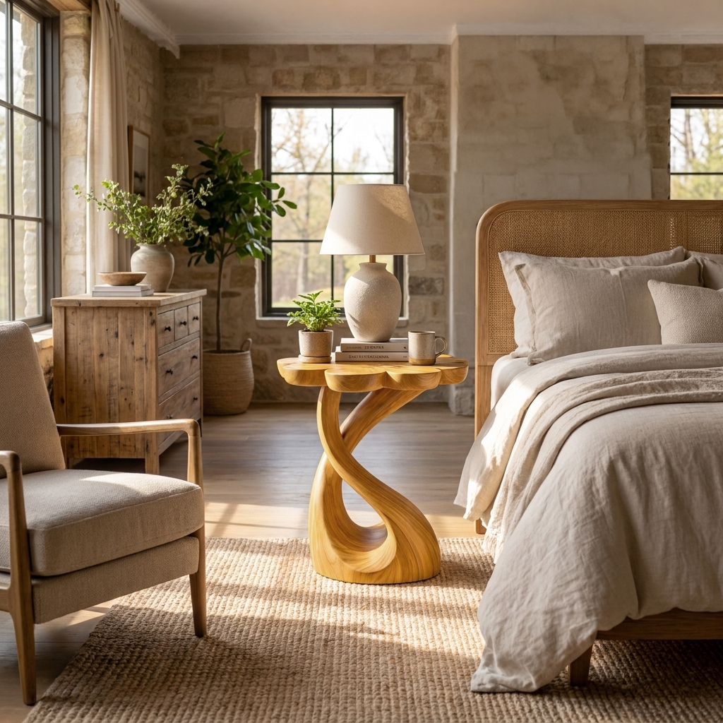 Handcrafted Wooden Nightstand With Floral-shaped Tabletop For Bedroom