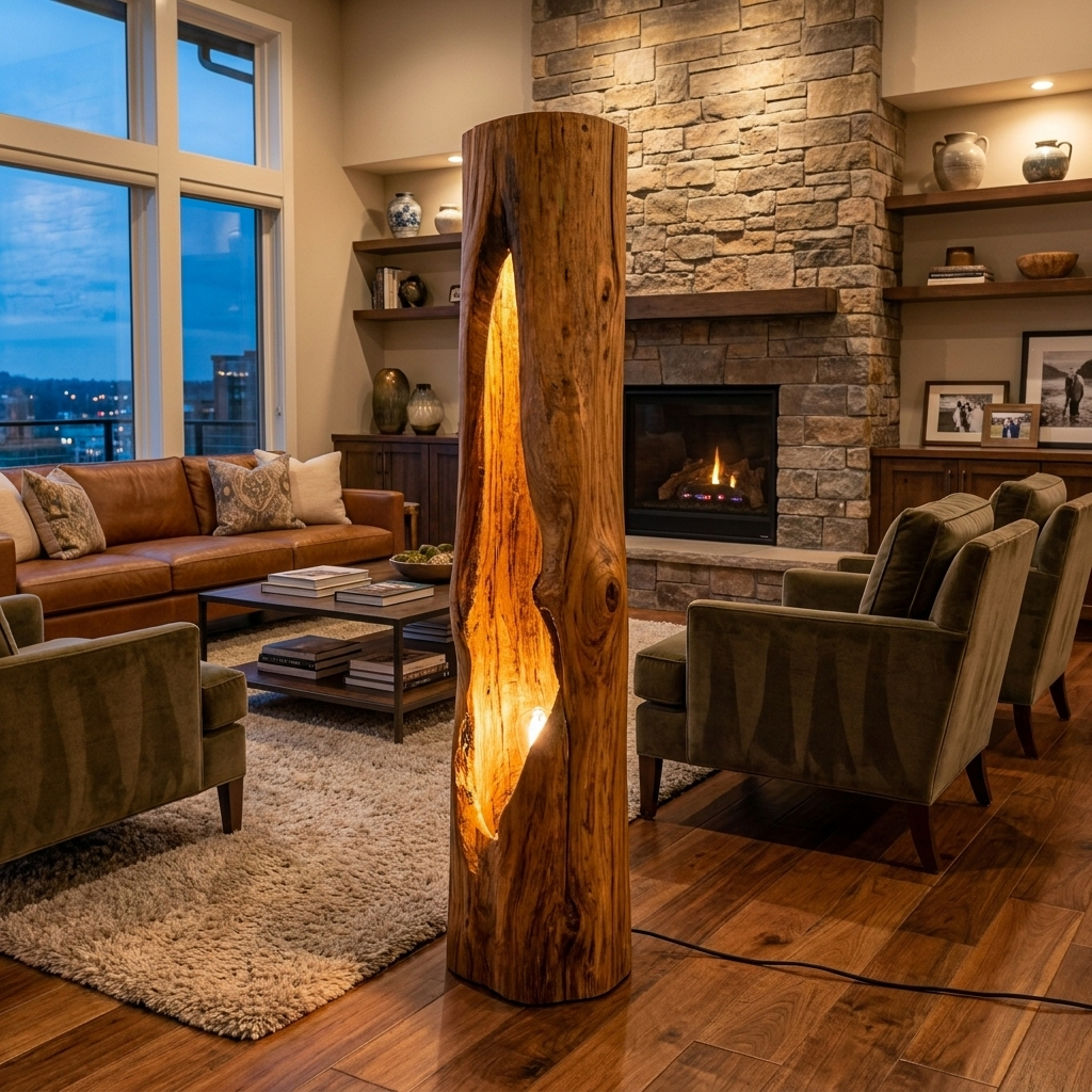 Rustic Wooden Floor Lamp Sculptural Design For Cozy Bedroom
