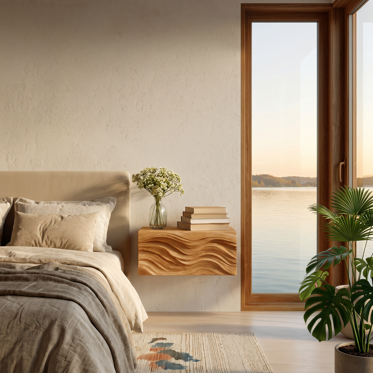 Contemporary Wooden Wall Mounted Nightstand For Bedroom Storage
