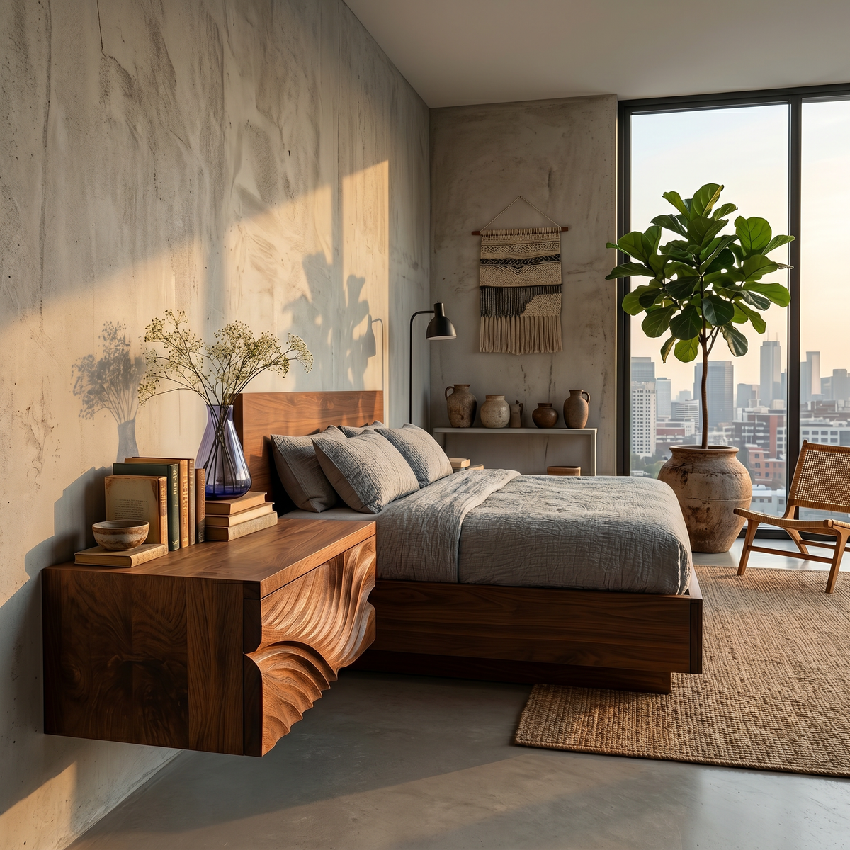 Elegant Wooden Floating Nightstand With Carved Front For Bedroom