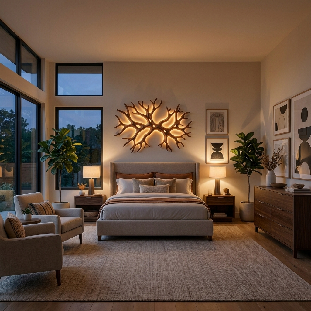 Organic Wooden LED Wall Sculpture With Branch Shape For Rustic Bedroom