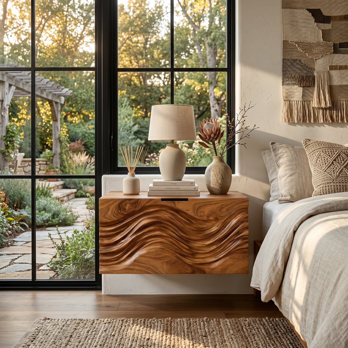 Modern Wooden Floating Nightstand With Wave Carved Front For Bedroom