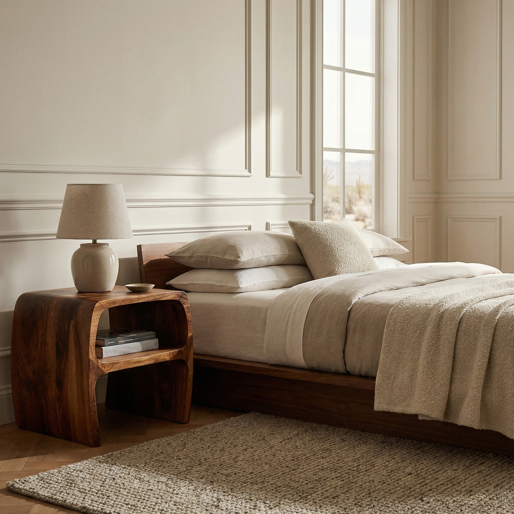 Modern Sculptural Nightstand With Open Storage For Bedroom