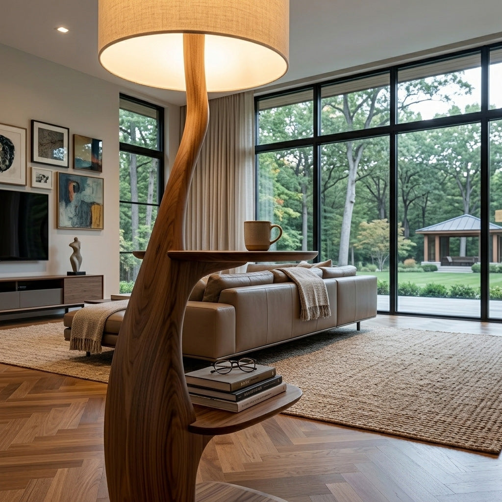 Modern Natural Wood Floor Lamp With Shelves For Living Room