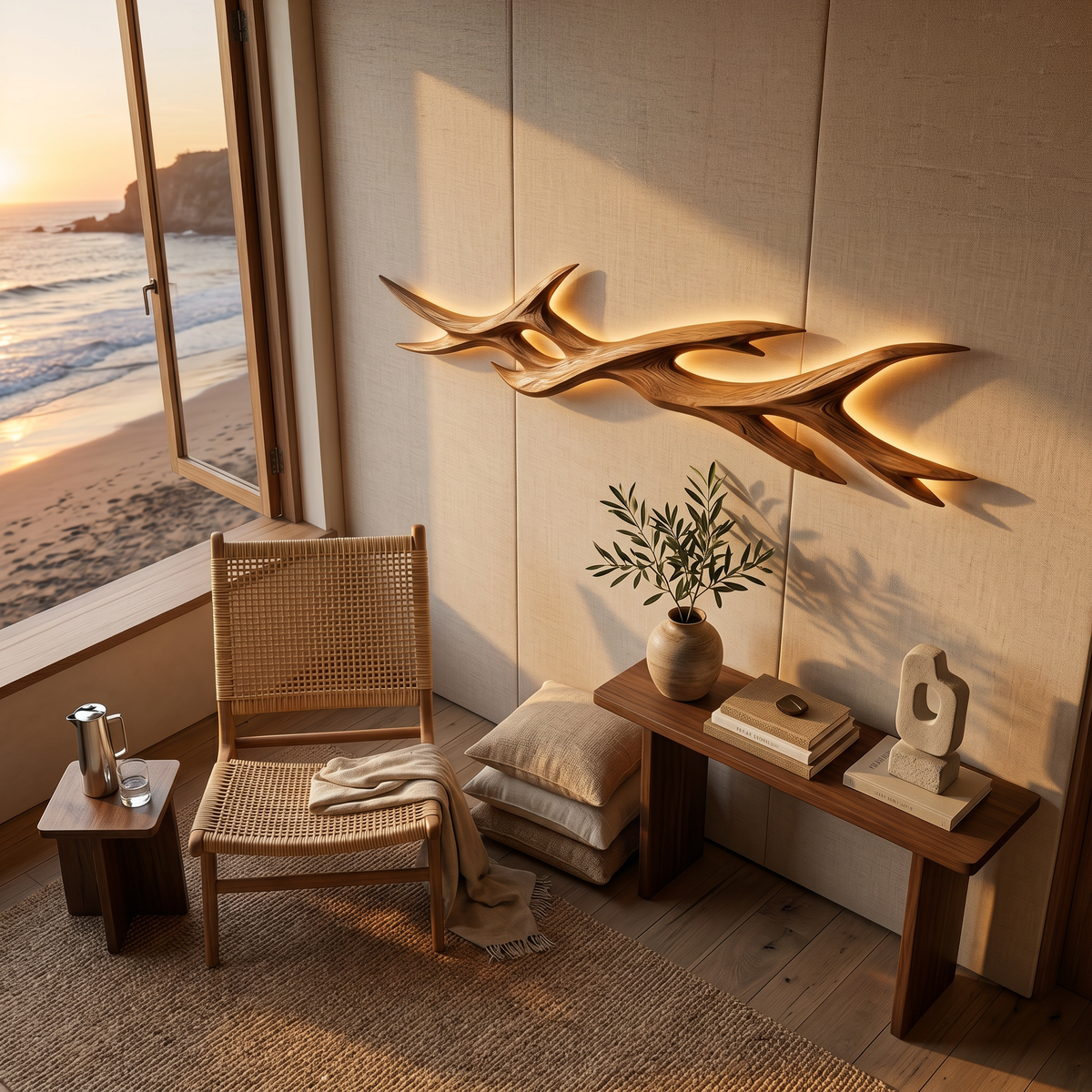 Rustic Wooden LED Wall Sculpture With Branch Form For Bedroom
