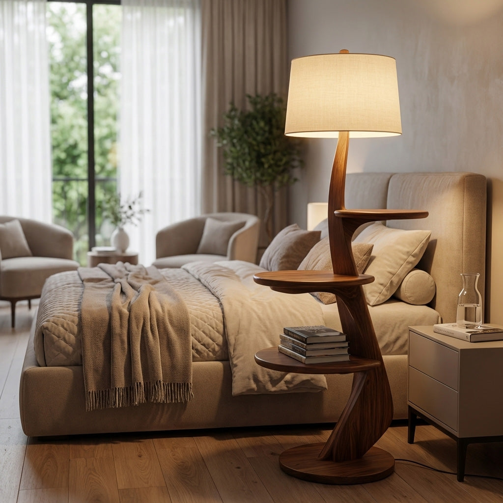 Contemporary Wooden Floor Lamp With Shelf For Living Room