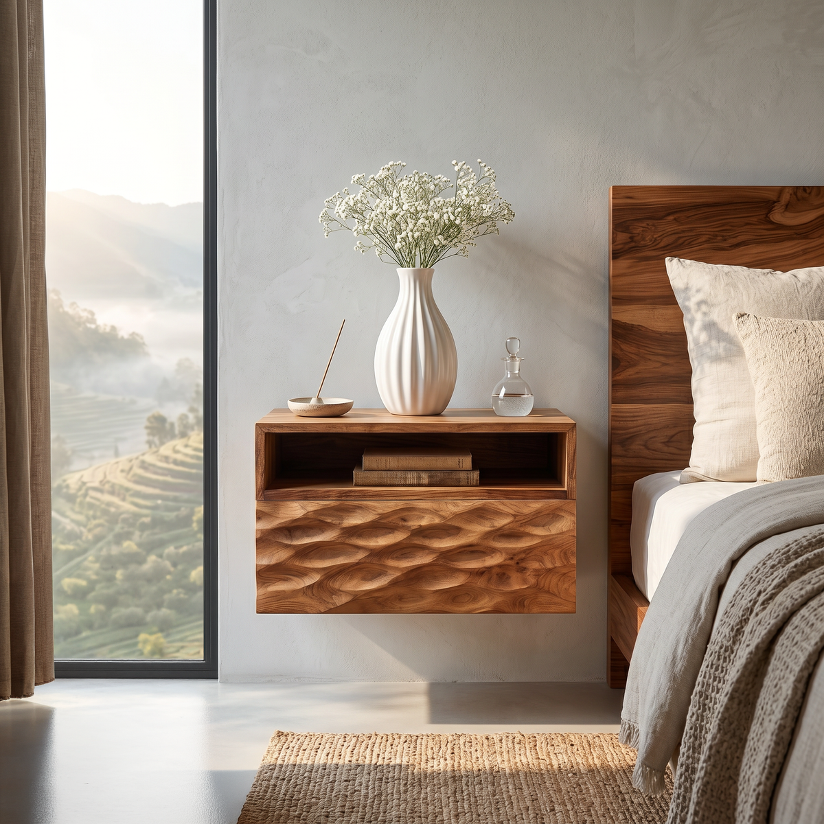 Modern Wooden Wall Mounted Nightstand With Open Shelf For Bedroom