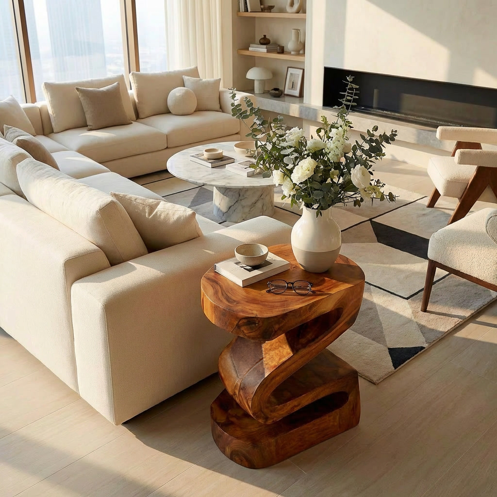 Elegant Natural Wood Nightstand With Curved Form For Bedroom