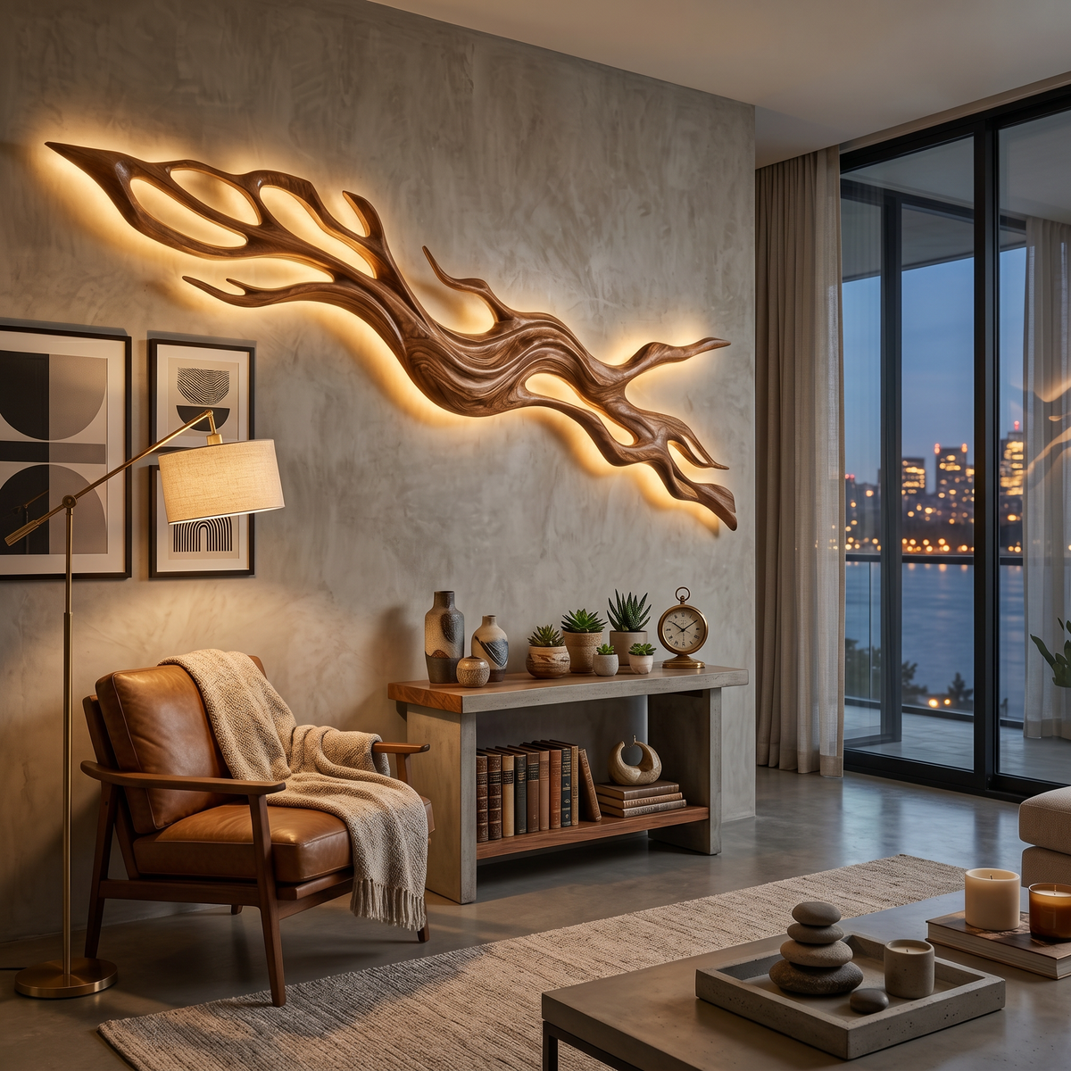 Rustic Wood LED Wall Sculpture With Undulating Shape For Bedroom Decor