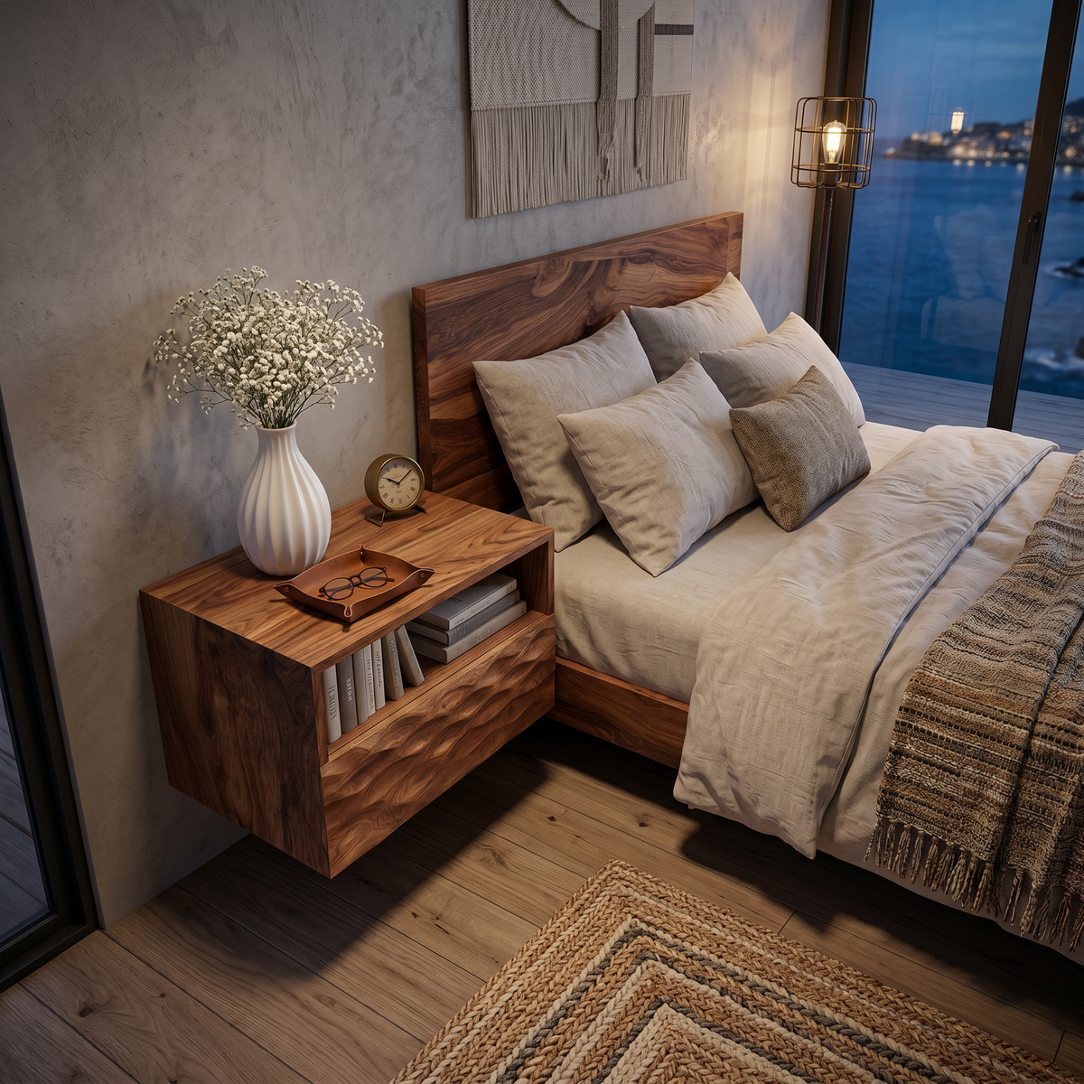 Modern Wooden Wall Mounted Nightstand With Open Shelf For Bedroom
