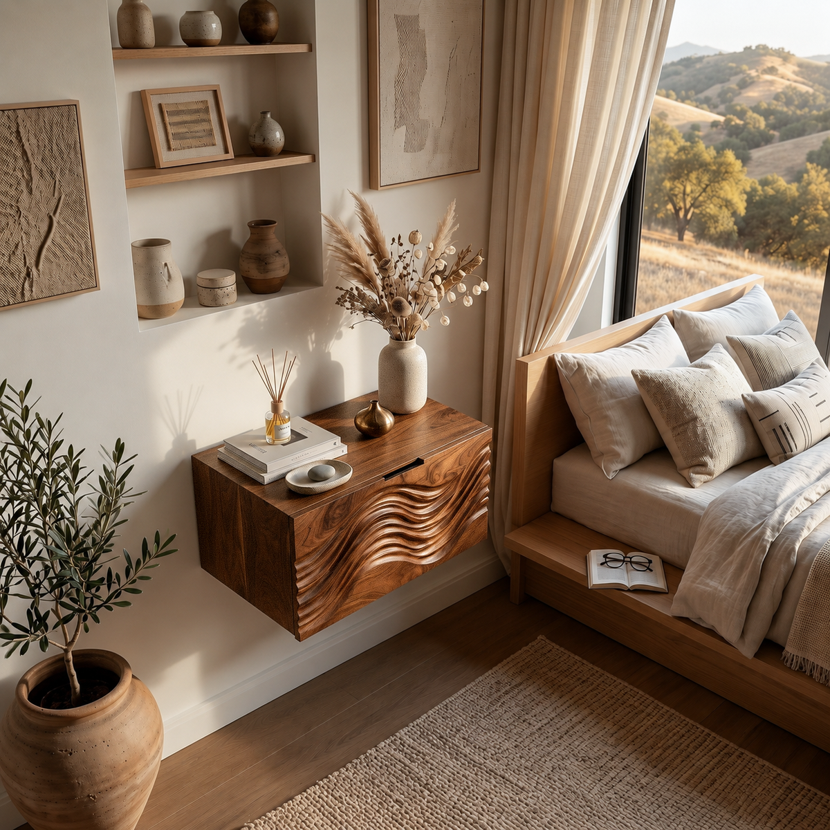 Modern Wooden Floating Nightstand With Wave Carved Front For Bedroom