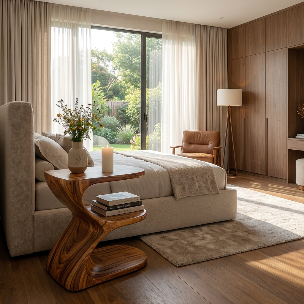 Modern Natural Wood Nightstand With E Shape For Bedroom