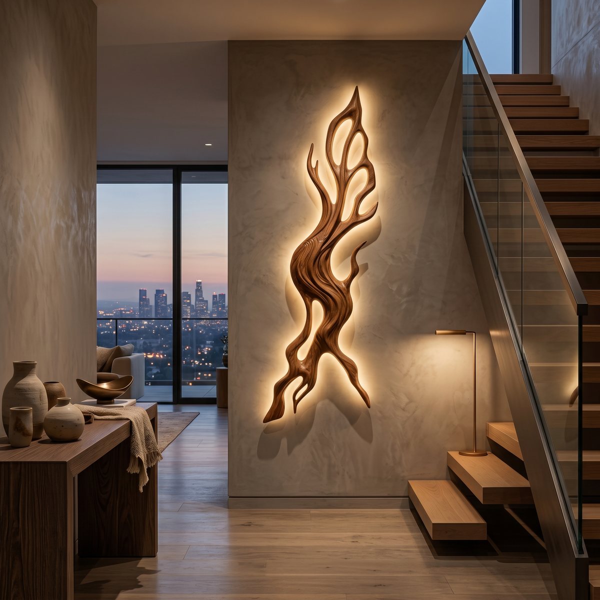 Rustic Wood LED Wall Sculpture With Undulating Shape For Bedroom Decor