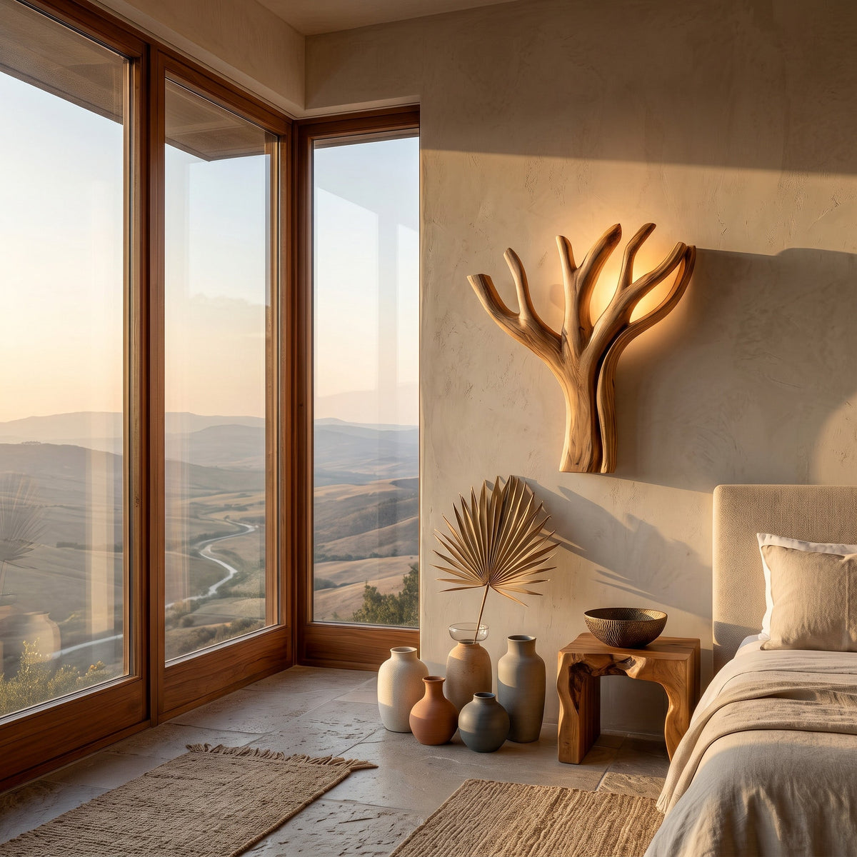 Modern Sculptural Wooden Lamp For Elegant Bedroom Interior