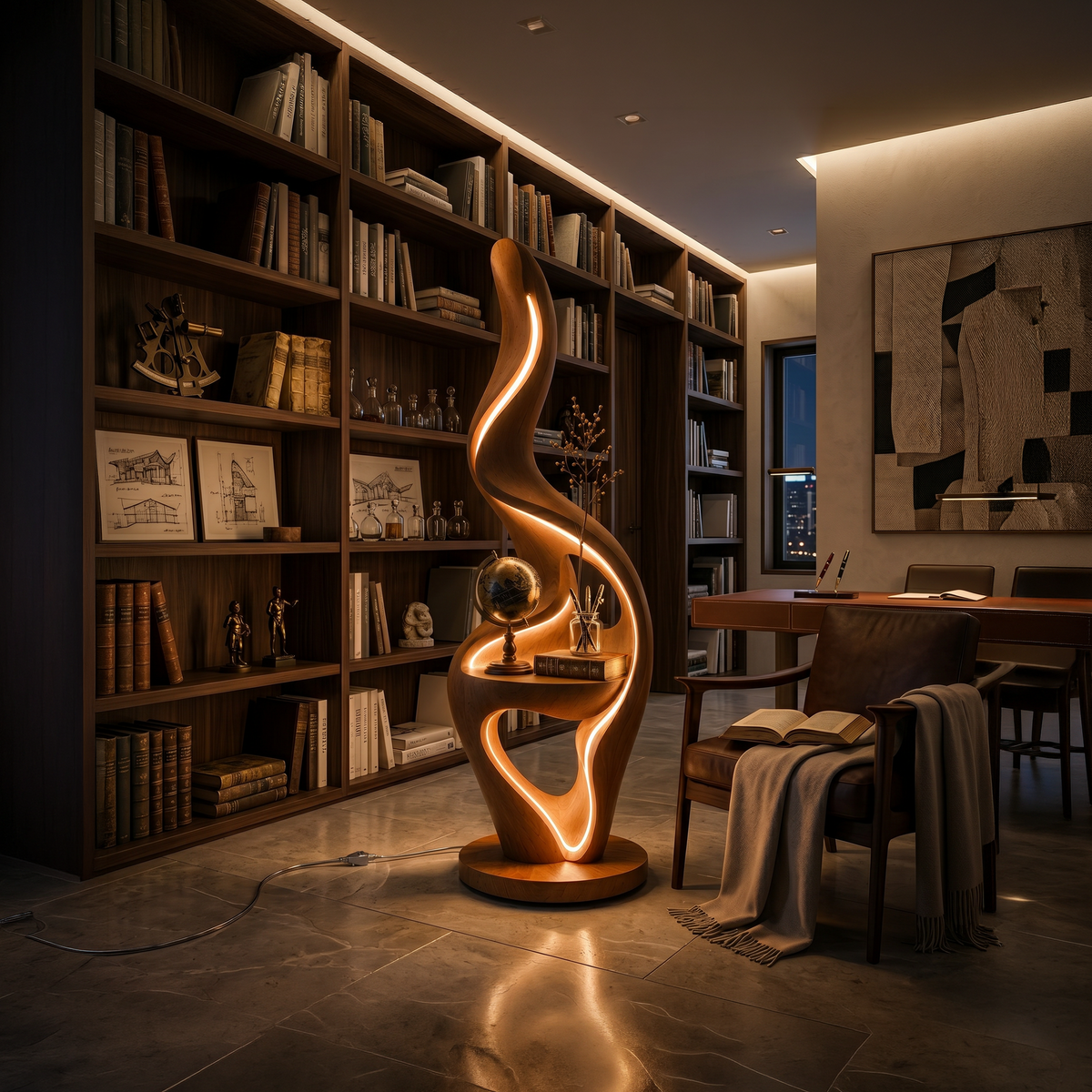 Minimalist Curved Lamp With Table For Bedroom