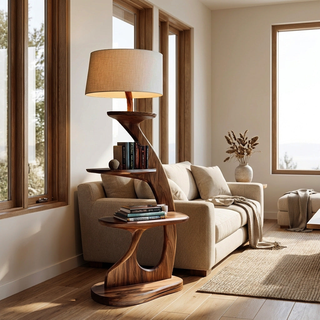 Modern Wooden Floor Lamp With 2-Tier Shelving Unit For Home