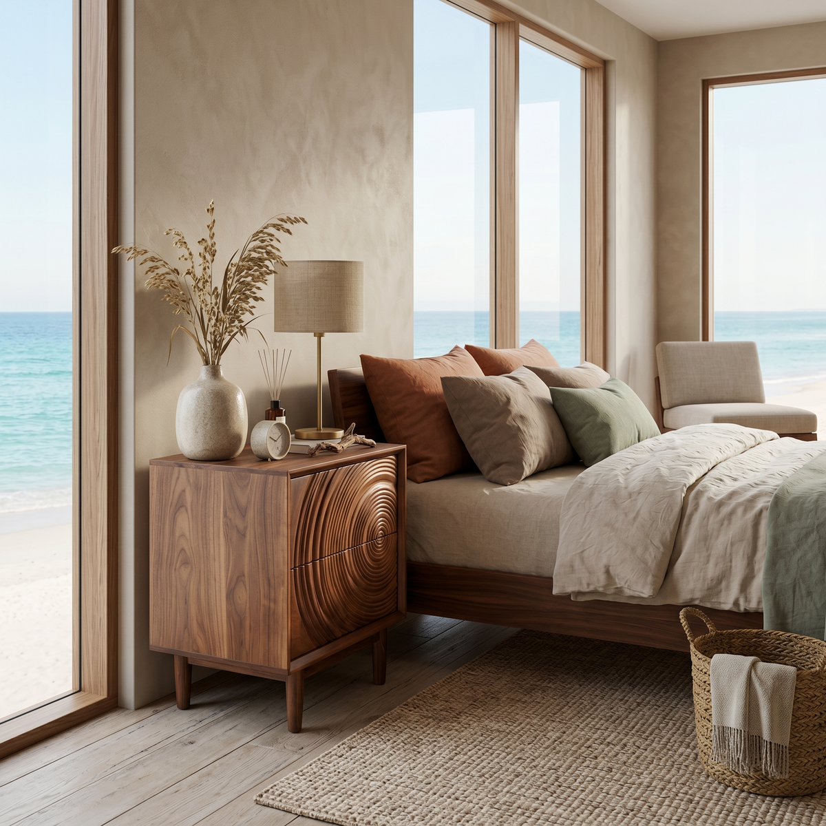 Minimalist Wooden Nightstand With Sculptural Door For Modern Bedroom