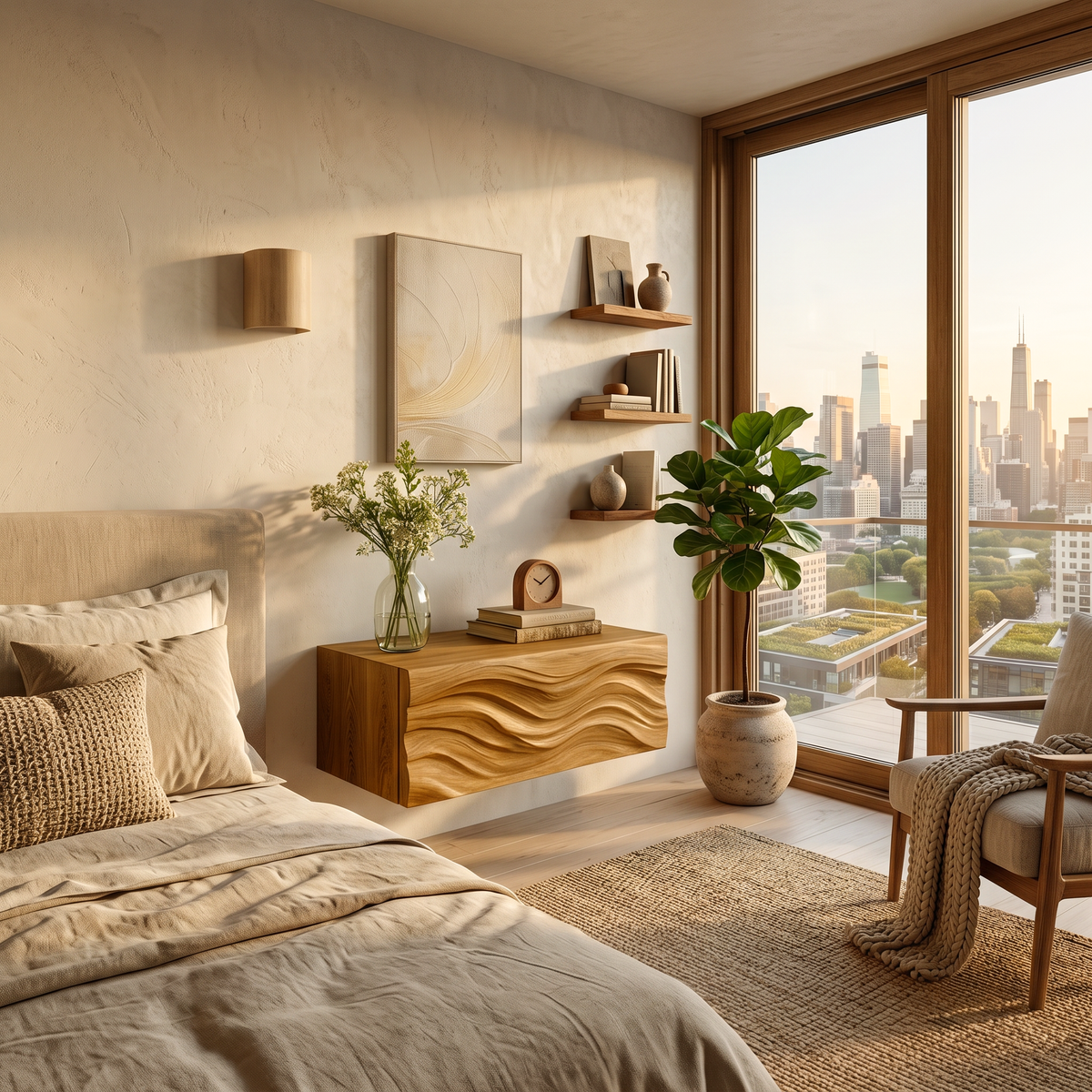 Contemporary Wooden Wall Mounted Nightstand For Bedroom Storage