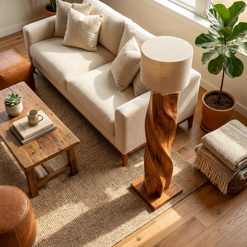 Organic Wooden Floor Lamp Twisted Design For Bedroom