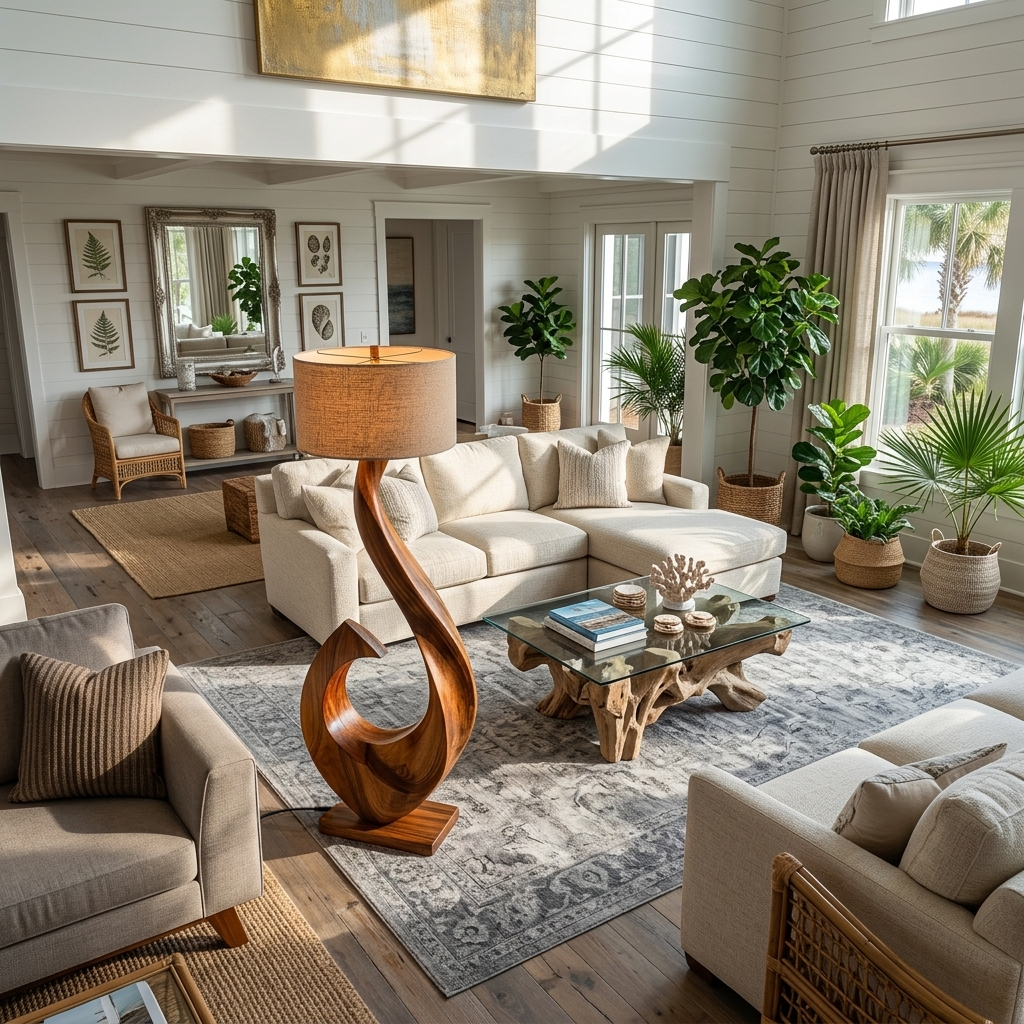 Contemporary Wooden Floor Lamp Curved Shape For Lounge Area