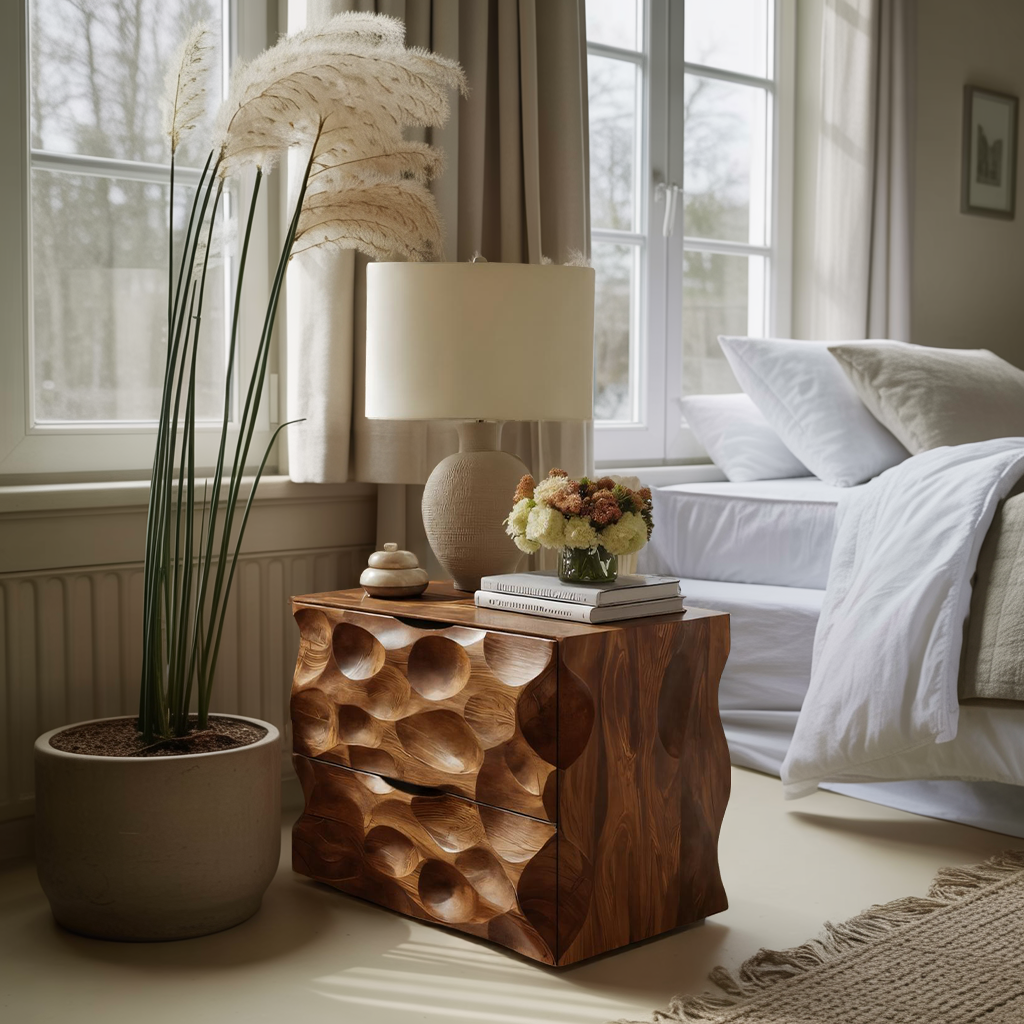Carved Nightstand With Two Drawers For Bedroom