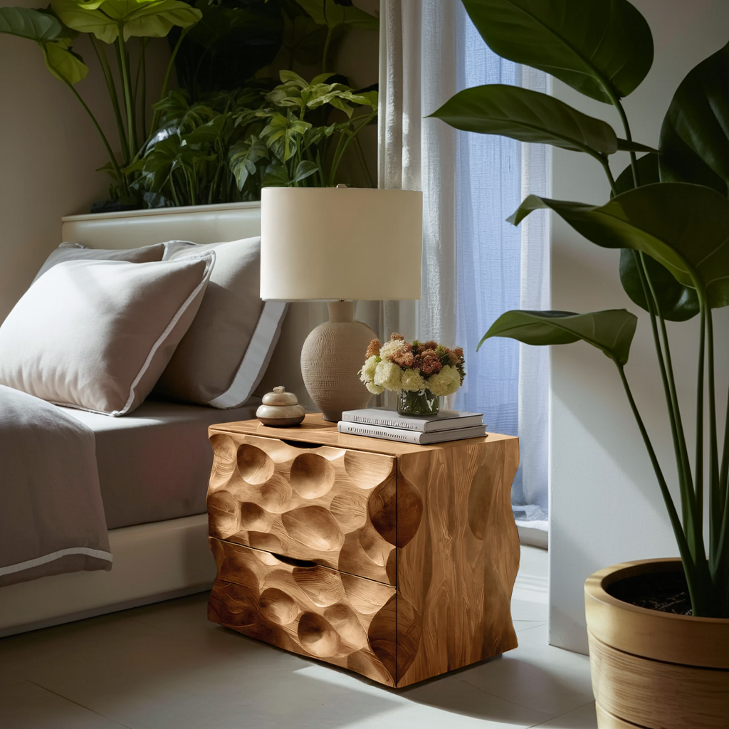 Carved Nightstand With Two Drawers For Bedroom