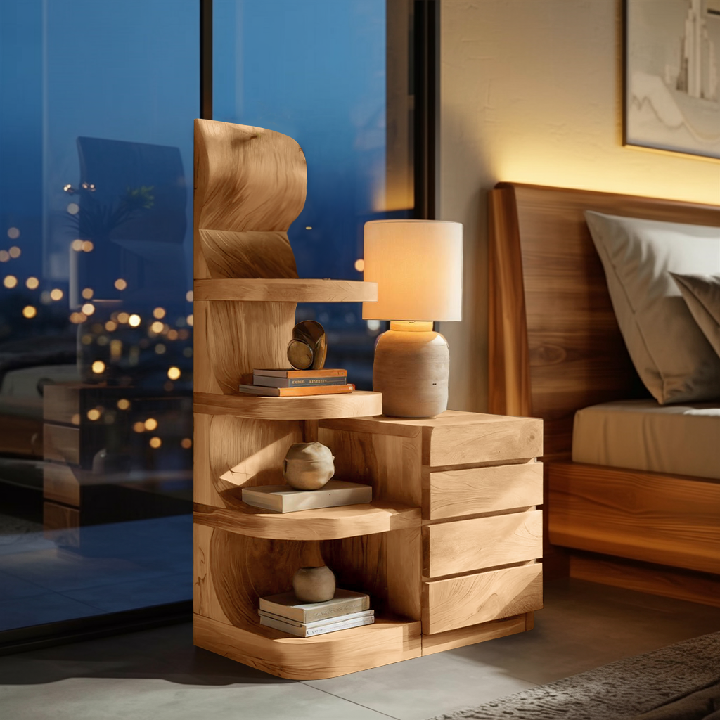 Modern Nightstand With Shelves And Drawers For Bedroom