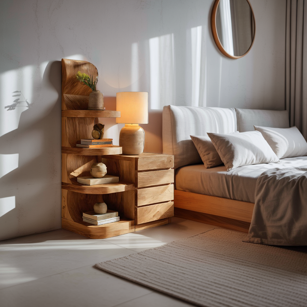 Modern Nightstand With Shelves And Drawers For Bedroom