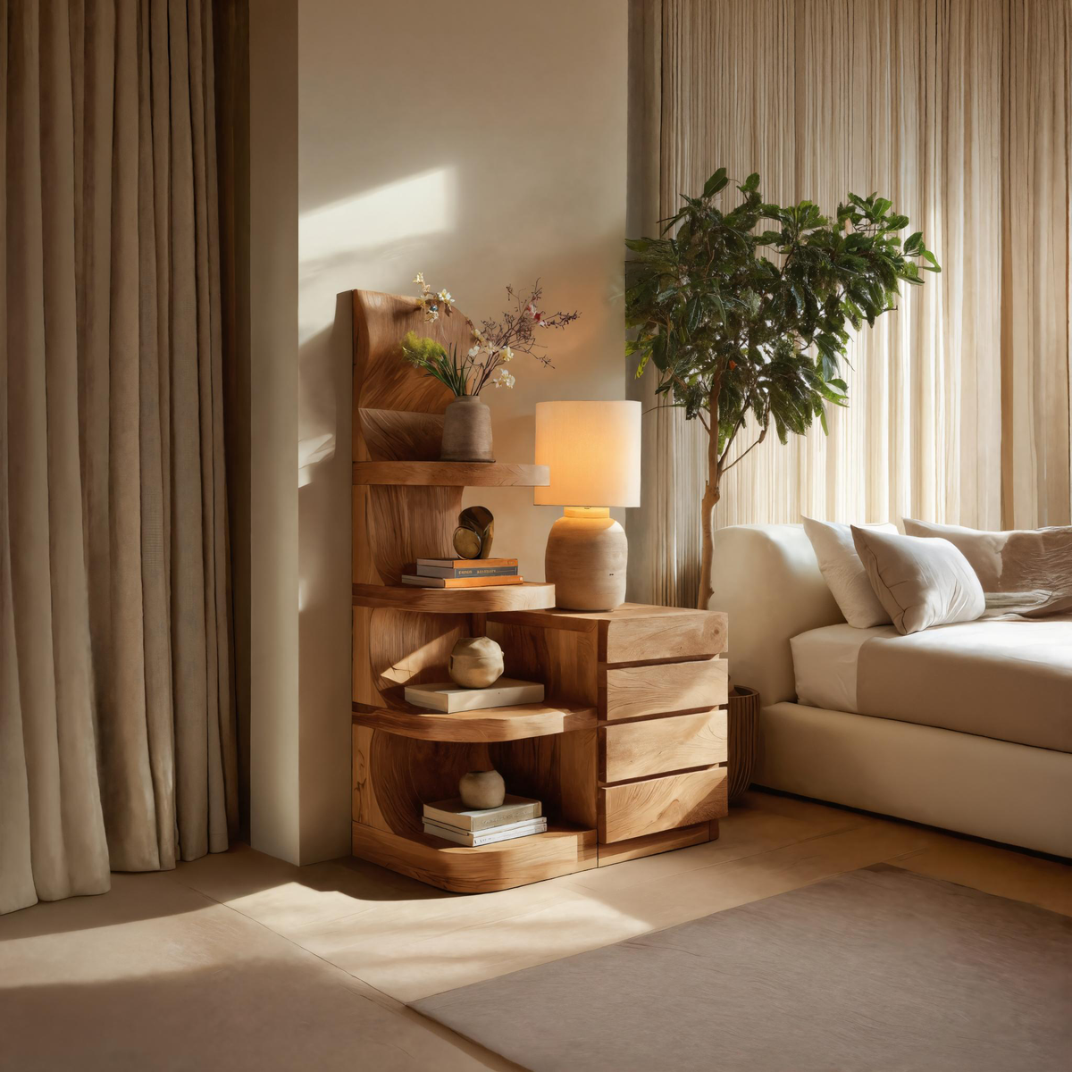 Modern Nightstand With Shelves And Drawers For Bedroom