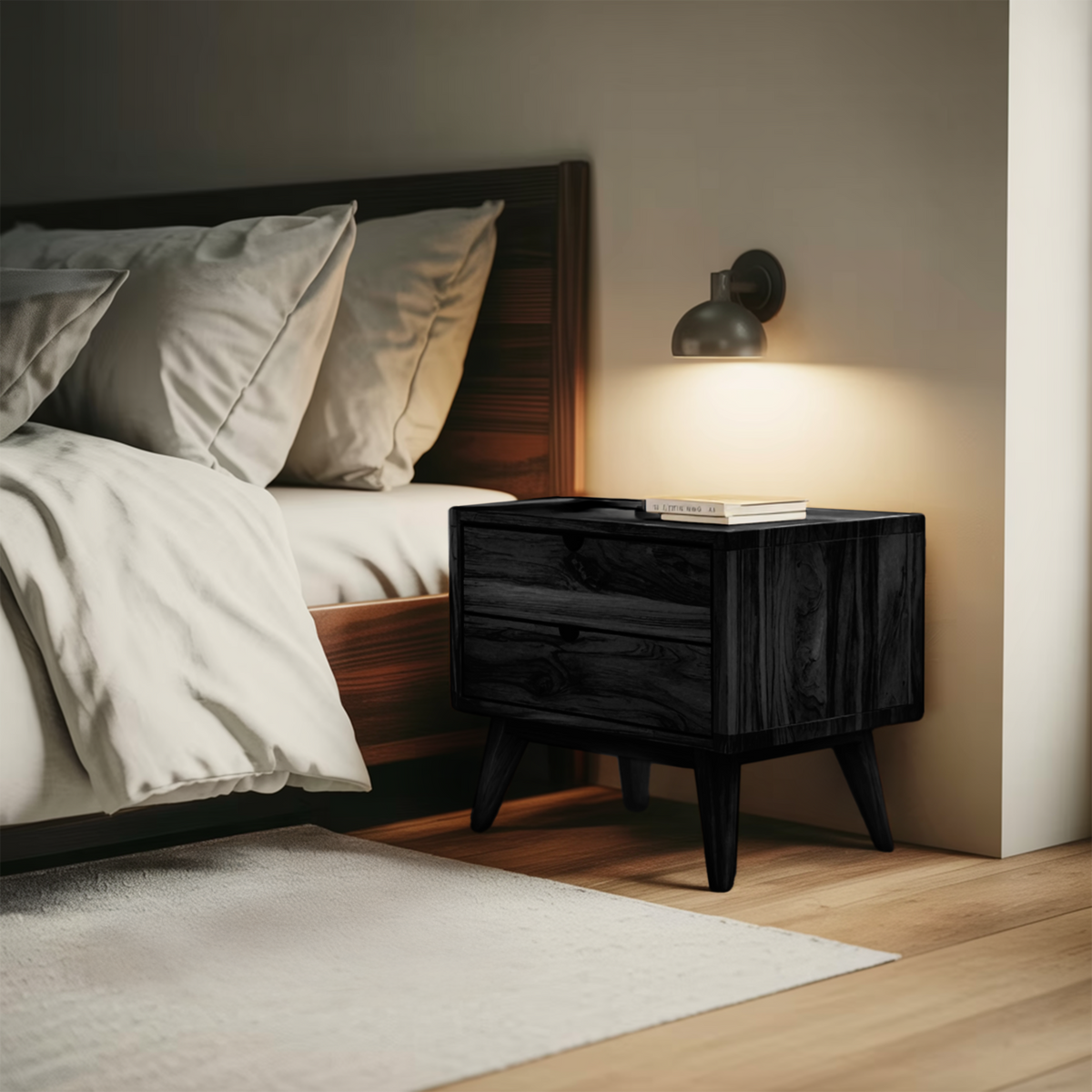 Mid Century Nightstand With Two Drawers For Bedroom