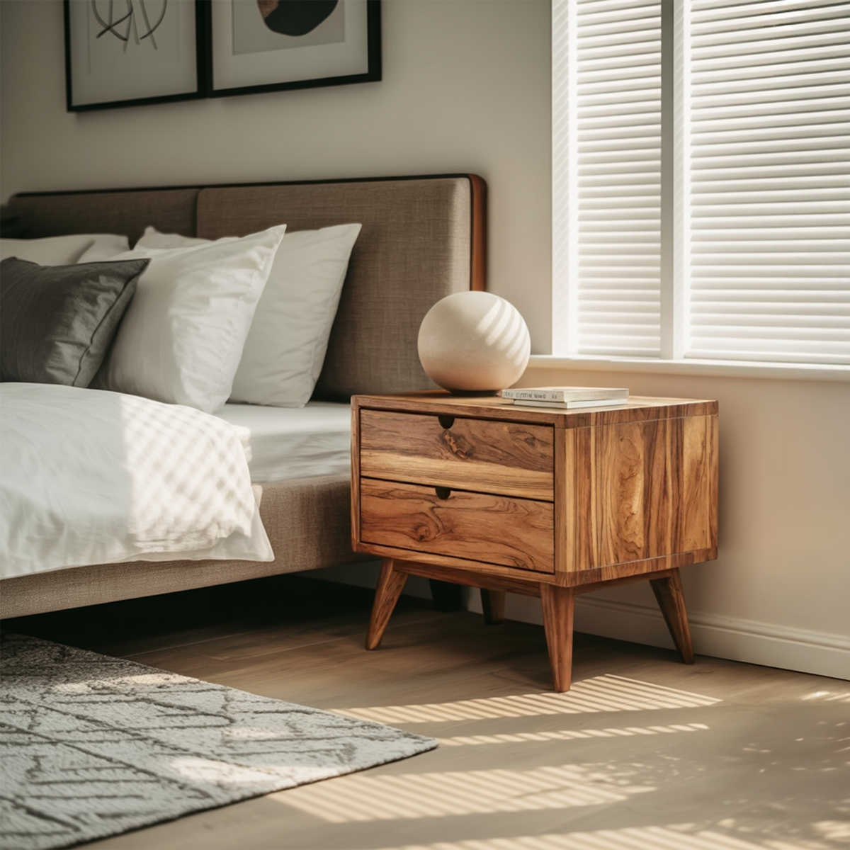 Mid Century Nightstand With Two Drawers For Bedroom