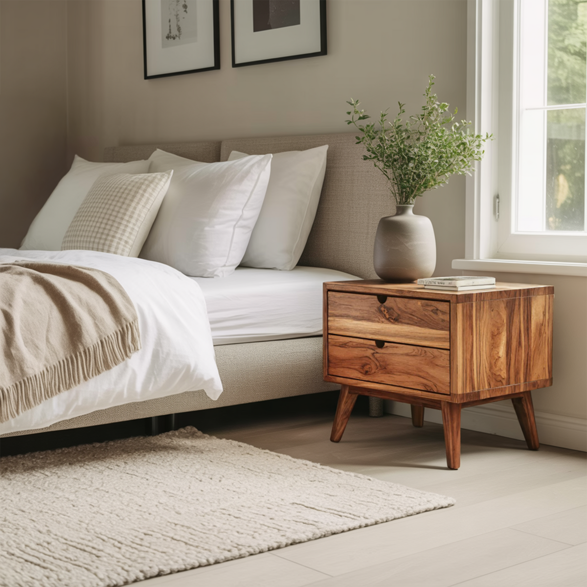 Mid Century Nightstand With Two Drawers For Bedroom