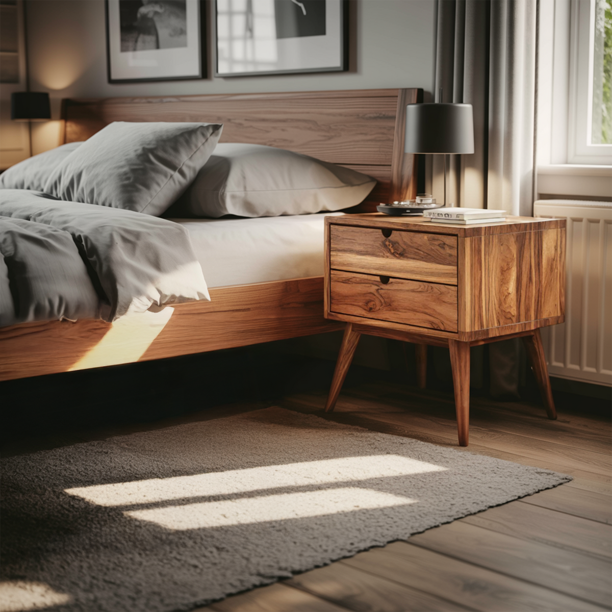 Mid Century Nightstand With Two Drawers For Bedroom