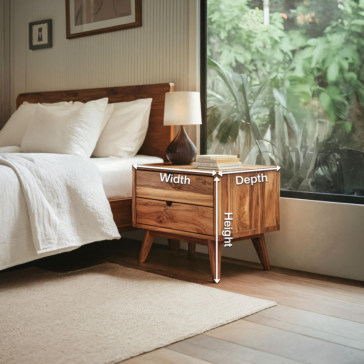 Mid Century Nightstand With Two Drawers For Bedroom
